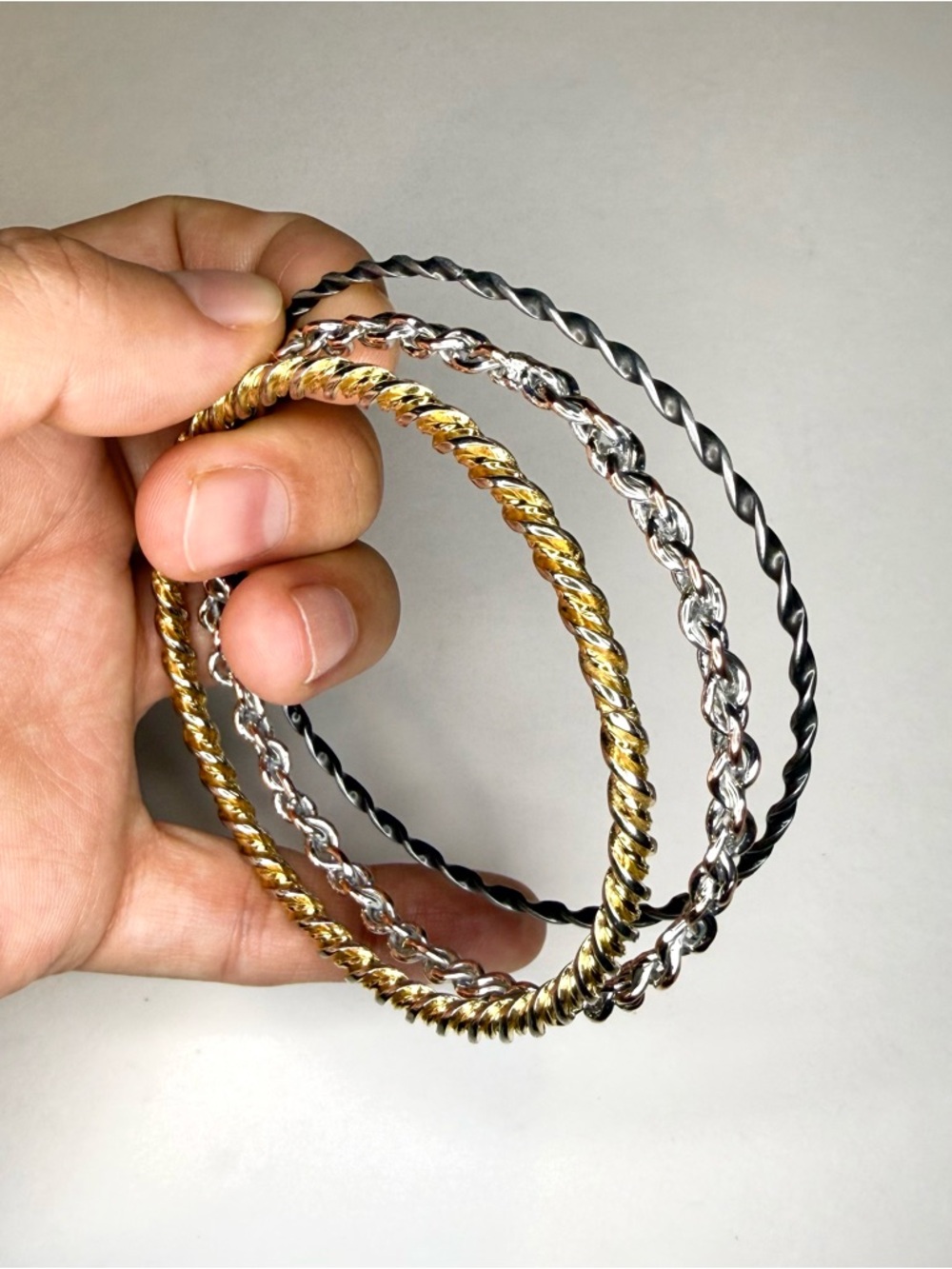 Mixed Metal Twisted Wire Bangle Set - Gold, Silver, Black